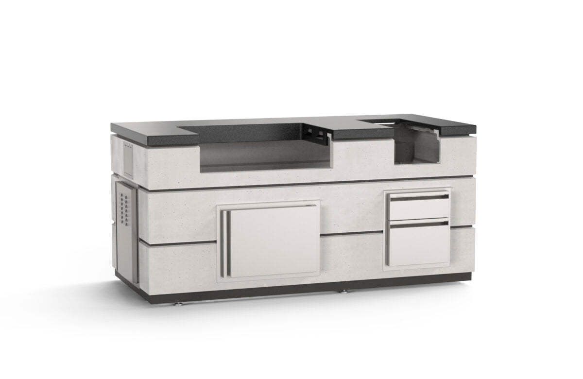 AOG 30-inch complete outdoor kitchen island in White Aspen finish — built-in grill, side burner, and storage