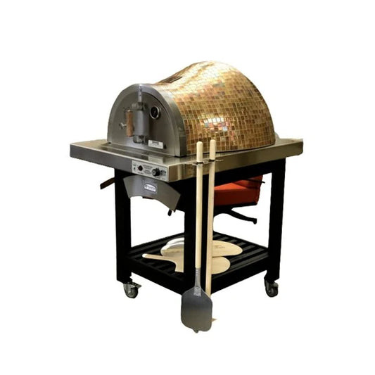 Portable pizza oven with a mosaic tile design on a white background