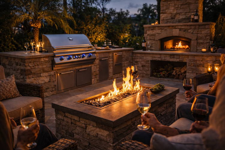 People enjoying wine by the fire