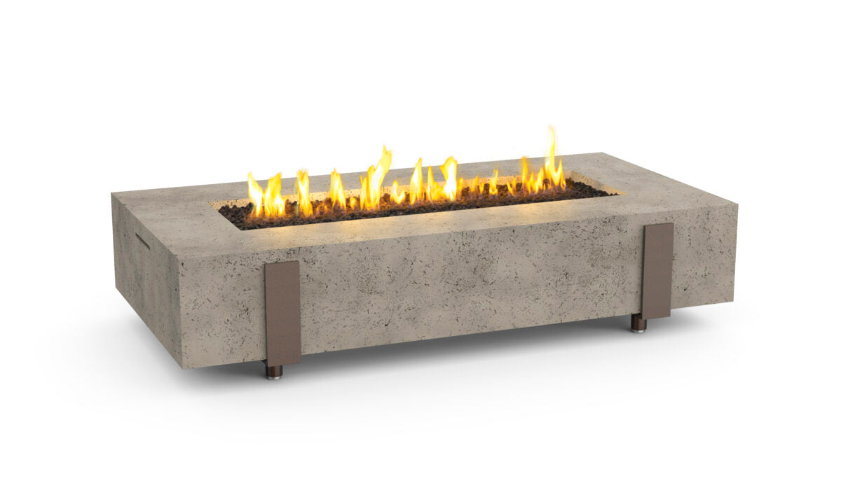 American Fyre Designs Iron Saddle patio fire table in Light Basalt GFRC finish