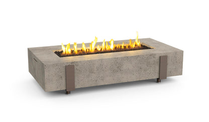 American Fyre Designs Iron Saddle patio fire table in Light Basalt GFRC finish