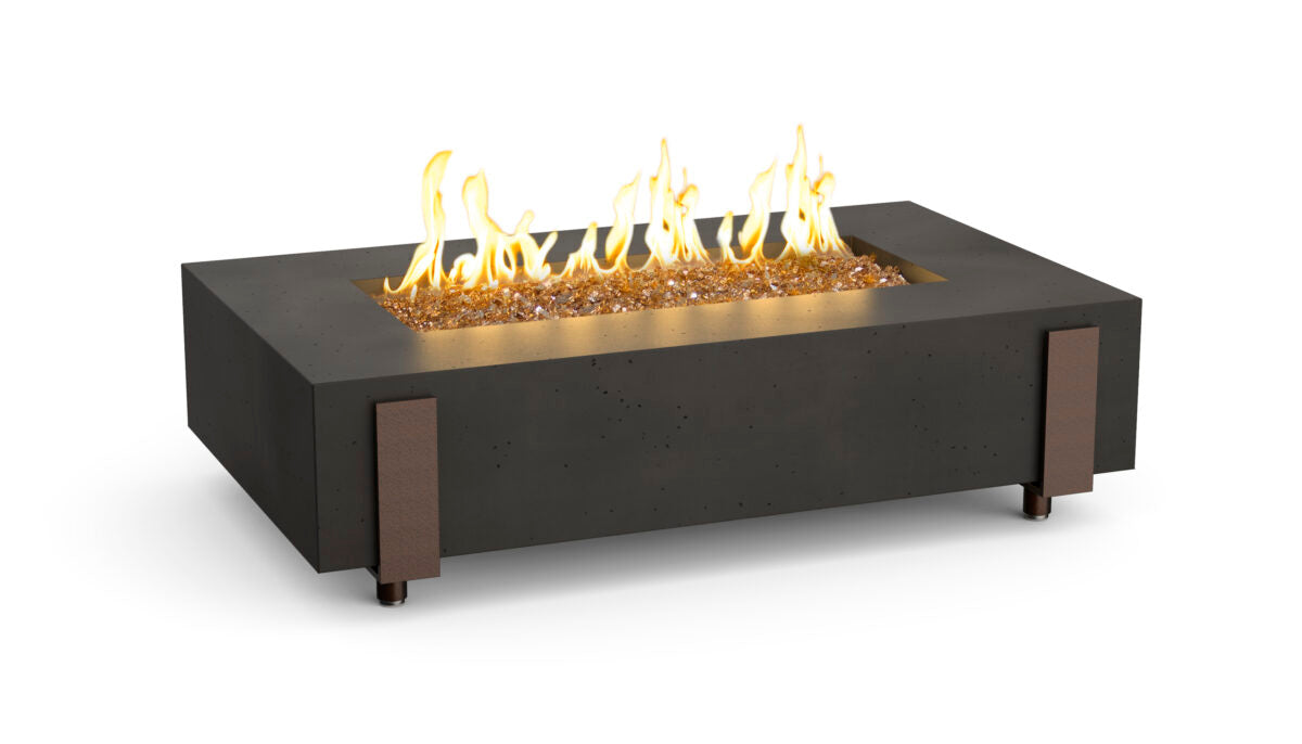 American Fyre Designs Iron Saddle fire table in Black Lava GFRC finish