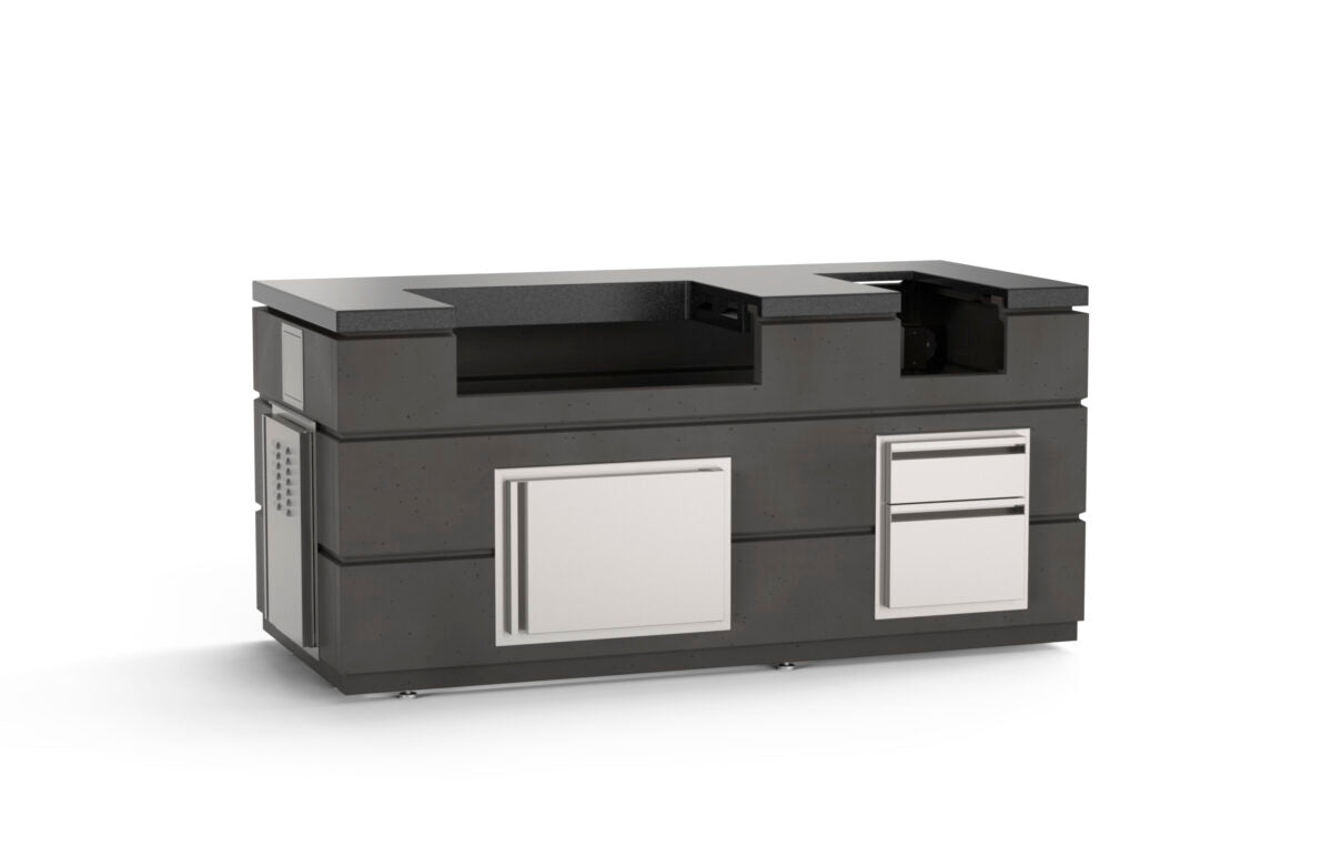 AOG 30-inch complete outdoor kitchen island in Black Lava finish — built-in grill, side burner, and storage