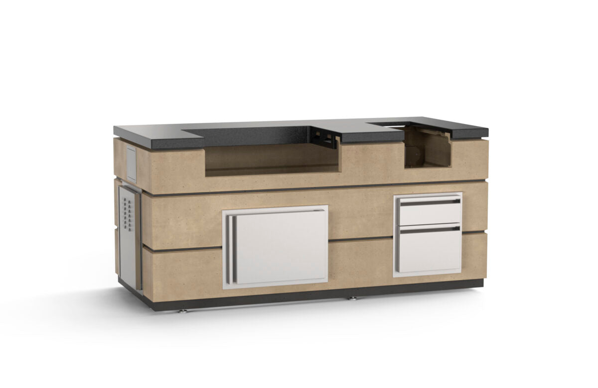 AOG 30-inch complete outdoor kitchen island in Cafe Blanco finish — built-in grill, side burner, and storage