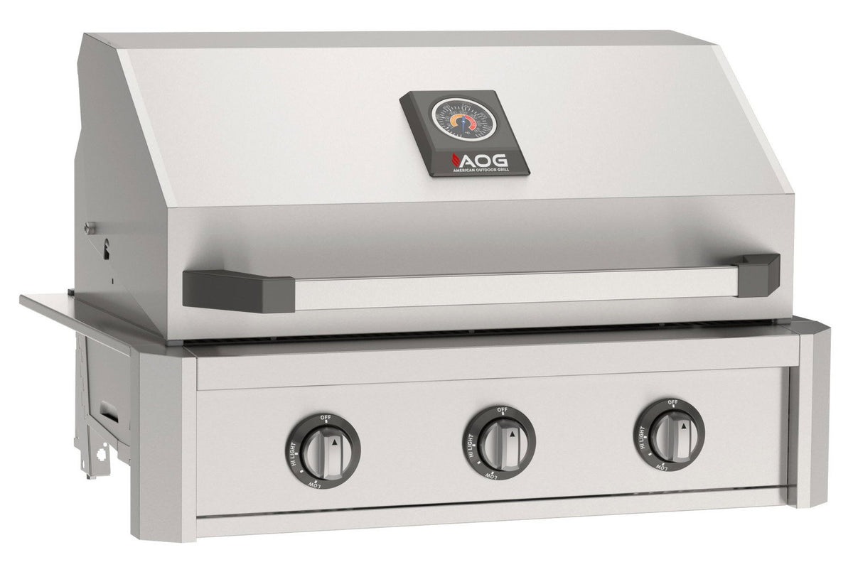 AOG T-Series 30 inch built-in gas grill, closed hood, studio shot