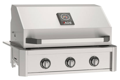 AOG T-Series 30 inch built-in gas grill, closed hood, studio shot