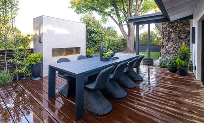 Kalea Bay 48 outdoor linear gas fireplace installed on patio wall