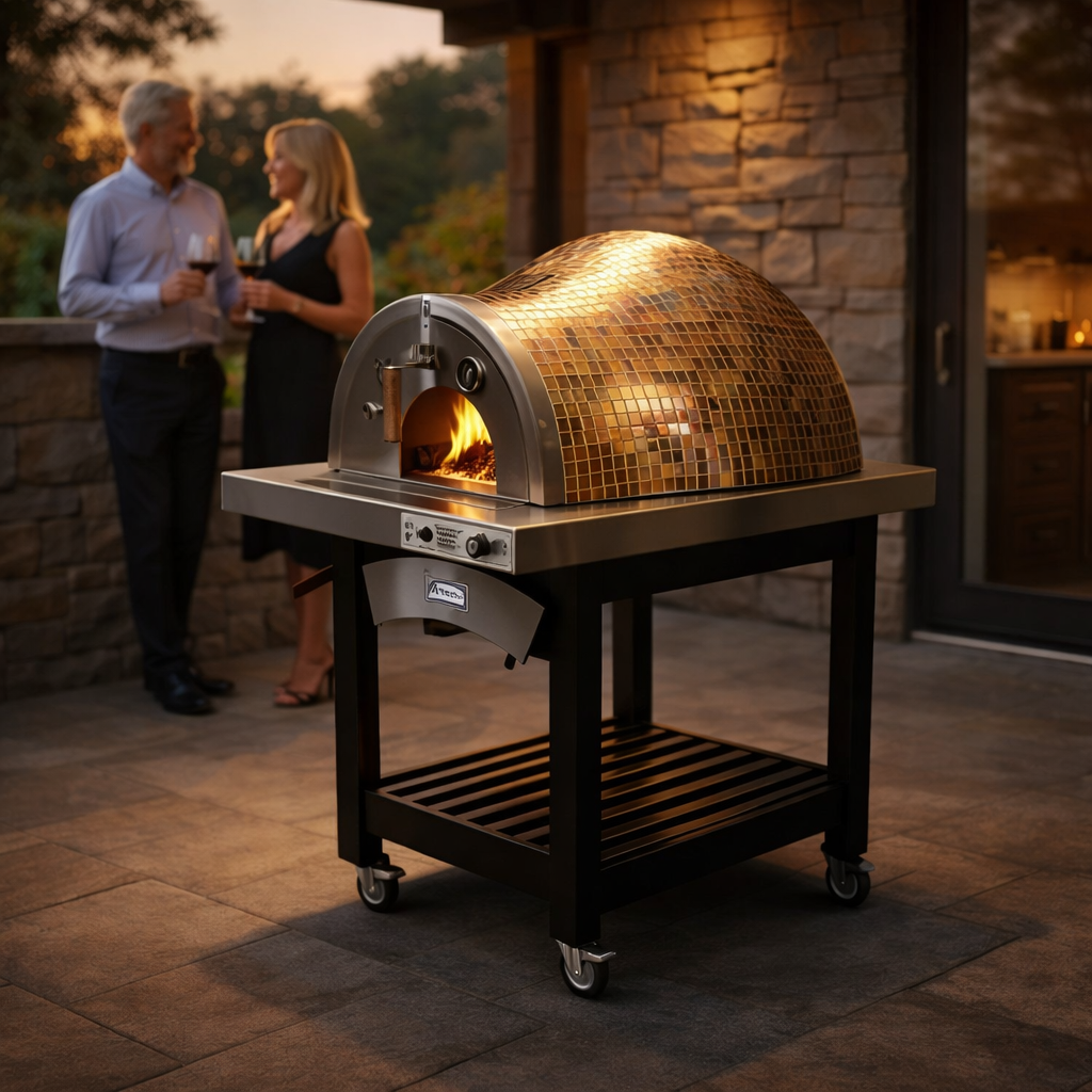 HPC Forno de Pizza Villa Series mosaic tile outdoor pizza oven in backyard