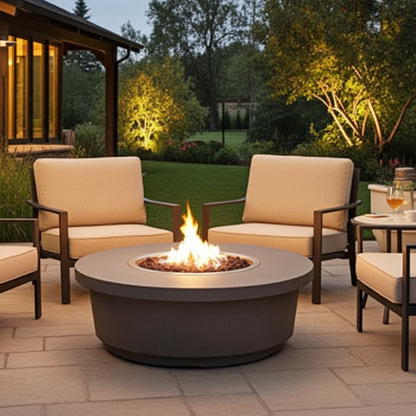 American Fyre Designs Contempo Round GFRC fire table in outdoor patio setting